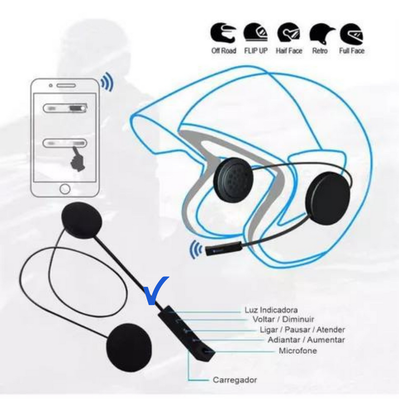 Fone de Capacete Motoboy Bluetooth Headset c/ Microfone